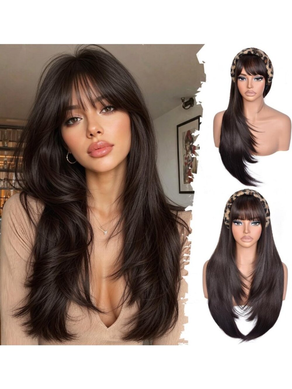 26" Long Layered Brown Wig with Bangs | Straight Synthetic Hair for Women